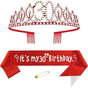 Red 30th Birthday Crown & Sash Set for Women: Alloy, Rhinestone, Fabric; Elegant Celebratory; Women's 30th Birthday
