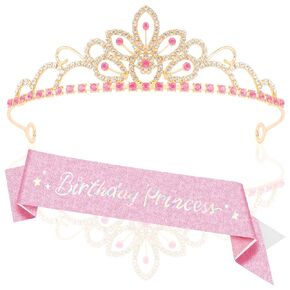 Birthday Sash for Women Birthday Crown for Girls Pink Princess Birthday Decorations Gold Birthday Tiara Rhinestone Crystal Birthday Gifts for Women Happy Birthday Party Favors