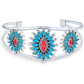 Personalize South Western Navajo Style Red Orange Coral Turquoise Zuni Needlepoint Jewelry Cluster Flower Blossom Statement Necklace or Wide Cuff Bracelet For Women .925 Sterling Silver Customizable