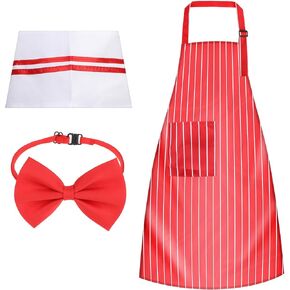 Waiter Costume Kit, 3 Pcs Adult Carnival Costume 1950s Red and White Striped Soda Jerk Server Apron with 2 Pockets Chef Hat Red Bow Ties Adjustable for 1950s Carnivals Cosplay Costume Circus Party