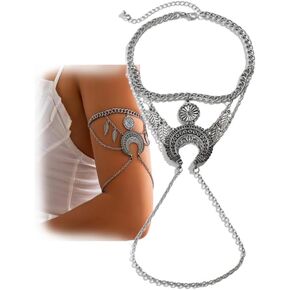 Bohemian Retro Silver Leaf Moon Upper Arm Cuff Punk Long Chain Tassel Armlet Bangle Bracelet Layered Open Cuff Armband for Women