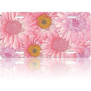 Pink Gerbera Flowers License Plate Cover,License Plate for Car Decoration Aluminum Novelty Car License Plate for Women Men Gift,12.2" X 6.2"
