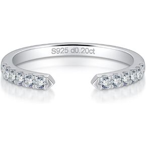 Ladylike Moissanite Open Rings for Women Half Eternity Wedding Band S925 Sterling Silver Adjustable Dainty Stackable Engagement Ring Anniversary Band for Her, size 7