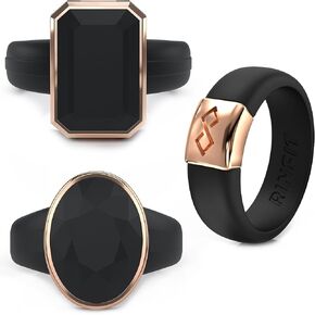 Rinfit Silicone Rings for Her - Rubber Wedding Bands - MetalInfinity/Emerald/Heart - Black Silicone Metal Rose Gold - Size 7