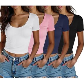 4 Pack Women Scoop Neck Short Sleeve T Shirts Cotton Basic Crop Tops Slim Fitted Gym Sports Shirts for Women