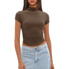 Darong Womens Summer Tops Mock Neck Short Sleeve Shirts Casual Basic Going Out Crop Tops Slim Fit T Shirts