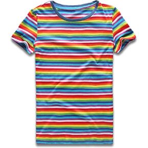 Rainbow T Shirt Women Striped Crew Neck Short Sleeve Stripes Tee Top Stripped