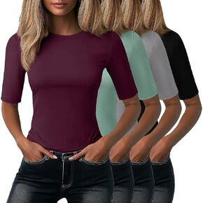 NEER 4 Pack Women's Halfe Sleeve Tops Cotton Crewneck Slim Fit 1/2 Sleve T Shirts Stretchy Elbow Disual Summer Tees Bulk