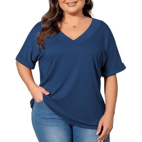 Women's Plus Size Casual V Neck T-Shirt Loose Fit Short Sleeve Blouse Curvy Tunic Top Fashion Clothing