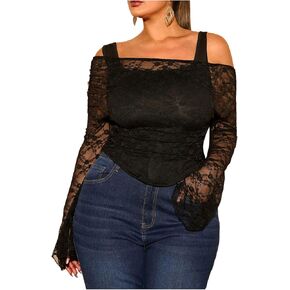 Wdirara Women's Plus Size 2 في 1 قبالة الكتف T Shirt Ruched Sheer Bell Tee Long Sleeve Tee
