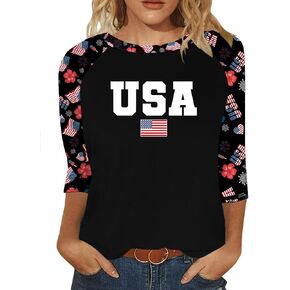 American Flag Shirts for Women Patriotic Tshirts 4th of July 3/4 Sleeve Tee Girls USA Outfits Stars Stripes Tee Tops
