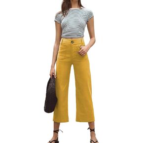 Cropped Wide-Leg Pants Casual High Waist Baggy Pants Stretchy Straight Trousers with Pockets