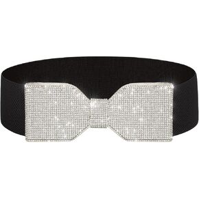 Rhinestone Elastic Belt Silver Bow Tie Crystal Wide Stretch Belts Women Sparkly Waist Belts for Dress