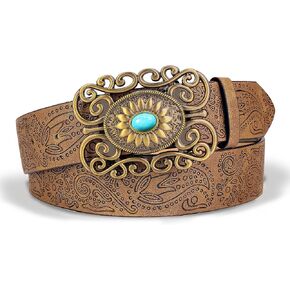 FALETO Women's Western Belt Turquoise Buckle Vintage Embossed Leather Belt for Cowgirl Jeans Dress Rodeo Country Concert