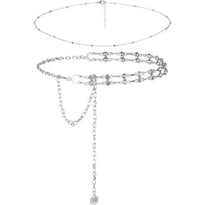 Thinp 2 Pieces Chain Belts for Women Fashion Plus Size Waist Chain Belt Women Rhinestone Chain Belt for Dress Belt Silver Waist Belt Belly Chain Skinny Waist Band for Jeans Concert Outfit(2 Styles)