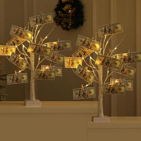 Money Tree Gift Card Holder 24 LED Birch Twig Treelights Battery/USB Powered Light Up Display Twig Gift Card Holder with 22 Clear Clips for Money Card Photo Birthday Graduation