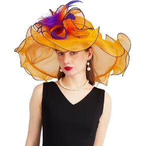 Organza Derby Hats for Women Wide Brim Fascinator Hat Rose Flower Wedding Tea Party Hat