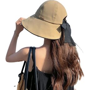 Bowknot Women's Wide Brim Bucket Hat with Ponytail Hole UV Protection Packable Sun Hats for Women UPF 50 Summer Sunhat