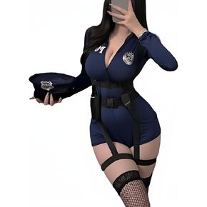 Women's Sexy Police Cosplay Costume Erotic Officer Outfit Policewoman Cop Dress Up Fancy Dress with Stockings Hat