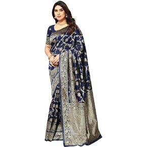 Women's Kanjivaram Banarasi Jacquard Silk Saree With Blouse Piece (Free Size)