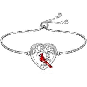 Fenthring Cardinal Bracelet for Women Tree of Life Heart Red Cardinal Bracelets Adjustable Sterling Silver Memorial Sympathy Jewelry Gifts