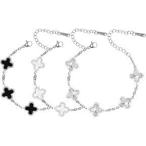 3Pcs 18K Gold Plated Clover Bracelet Set for Women Simple Four Leaf Clover Lucky Link Bracelets Jewelry Gifts Trendy for women (Black+White+Silver)