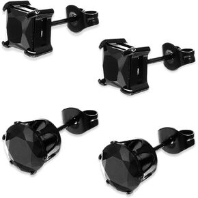 2 Pairs Black Stud Earrings for Men Women Stainless Steel Square Round CZ Mens Earrings Studs Jewelry Set for Sensitive Ears(Black Color)