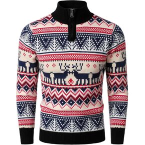 HOOD CREW Men’s Ugly Christmas Sweater Holiday Party Casual Slim Fit Knitted Pullover Sweaters with Quarter Zip