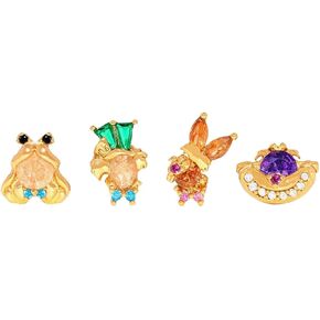 Whimsical Animal Cat Rabbit Stud Earrings Set, 925 Silver Gold-Tone Crystal Embellished, 4 Pieces
