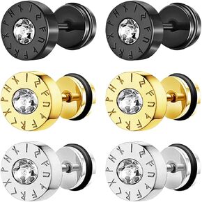 أقراط المقياس المزيفة Aroncent Mens: 3 أزواج من Norse Viking Compass Rune Stains Stains Steel Payge Plugs Plugs - Punk Jewelry مجموعة سيلت الفضة الذهبية