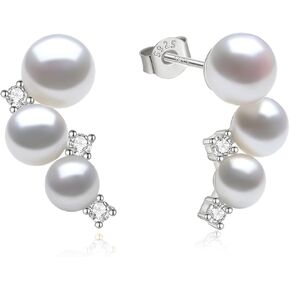 Pearl Earrings - Genuine Cultured Pearls - 925 Sterling Silver with CZ Diamonds - Hypoallergenic & Timeless Design - Perfect Jewelry Gift for Women