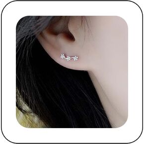 Andelaisi Tiny Flower Earrings Silver Ear Climber Earrings Minimalism Flower Stud Earrings Vintage Flower Ear Crawlers Earrings Piercing Earrings Jewelry for Women