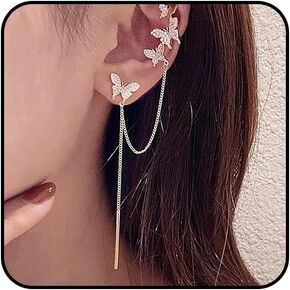 Gold Asymmetrical Crystal Butterfly Earrings for Women, Chain Tassel Rhinestone Butterfly Ear Cuff Earring,Dainty Double Butterfly Stud Earring