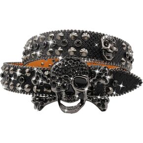 حزام جمجمة حجر الراين للرجال أحزمة مرصعة Y2K Punk Skull BLING BLING أنيقة أحزمة راعية البقر الراعية الحجرية الأنيقة