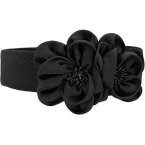 Teeyee Women Girls Big Stretch Double Décor Flowers Buckle Boysable Cleantable Wide Belt