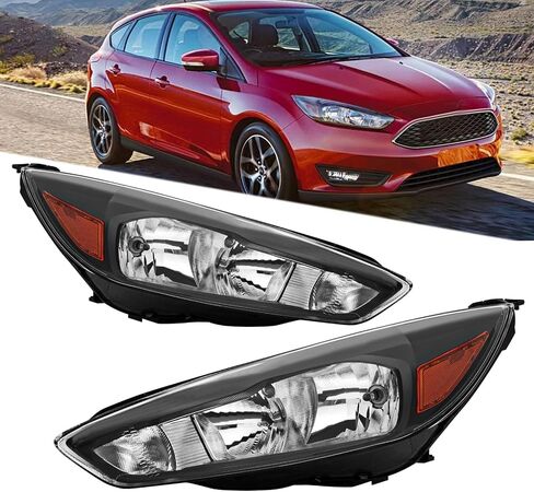 Headlights Assembly Compatible with 2015 2016 2017 2018 Ford Focus S | SE | ST Halogen Head Light Headlamp w/Bulb, Black Housing Amber Corner in Saudi Arabia