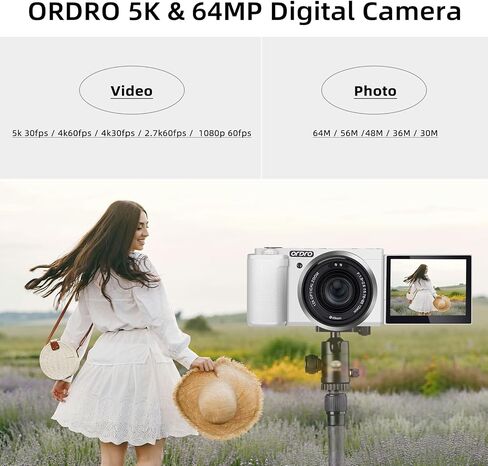 كاميرات ORDRO 5K الرقمية للتصوير الفوتوغرافي - كاميرا إنشاء المحتوى أثناء السفر بتكبير بصري 64 ميجابكسل و20X وكاميرا مدونات فيديو على YouTube مع شاشة قلاب وميكروفون وجهاز تحكم عن بعد وقبضة حامل ثلاثي القوائم وبطاقة SD سعة 64 جيجابايت in Kuwait