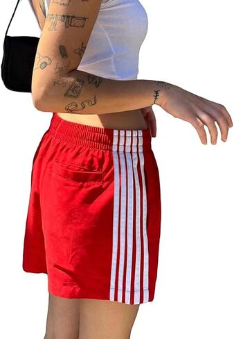Women Athletic Sweat Shorts Side-Striped Y2k Summer Elastic Waist Workout Loose Wide Leg Lounge Shorts with Pockets in Kuwait