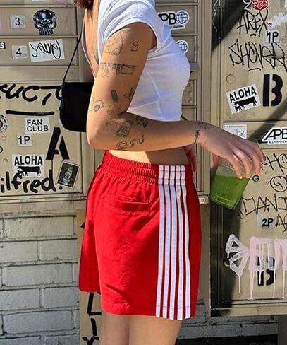 Women Athletic Sweat Shorts Side-Striped Y2k Summer Elastic Waist Workout Loose Wide Leg Lounge Shorts with Pockets in Kuwait