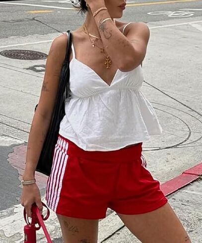 Women Athletic Sweat Shorts Side-Striped Y2k Summer Elastic Waist Workout Loose Wide Leg Lounge Shorts with Pockets in Kuwait