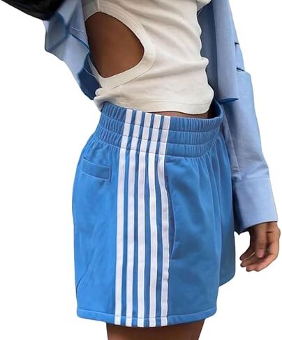 Women Athletic Sweat Shorts Side-Striped Y2k Summer Elastic Waist Workout Loose Wide Leg Lounge Shorts with Pockets in Kuwait