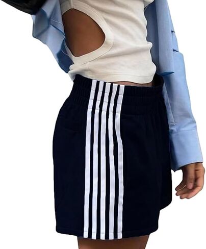 Women Athletic Sweat Shorts Side-Striped Y2k Summer Elastic Waist Workout Loose Wide Leg Lounge Shorts with Pockets in Kuwait
