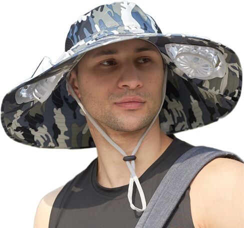 Mens Sun Hat with 2 Fan, Summer Cooling Wide Brim Bucket Hat, Beach Hat Garden Hat, Solar + USB Dual Power Supply in Kuwait
