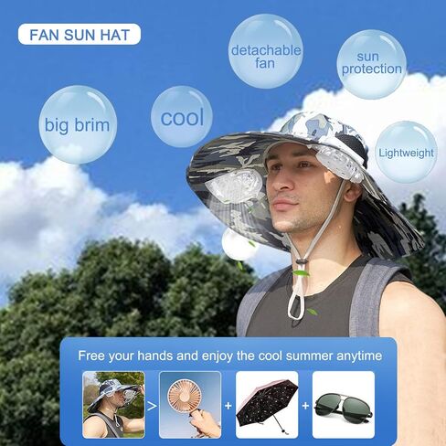 Mens Sun Hat with 2 Fan, Summer Cooling Wide Brim Bucket Hat, Beach Hat Garden Hat, Solar + USB Dual Power Supply in Kuwait