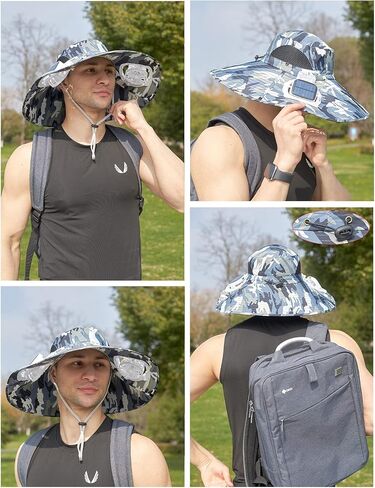 Mens Sun Hat with 2 Fan, Summer Cooling Wide Brim Bucket Hat, Beach Hat Garden Hat, Solar + USB Dual Power Supply in Kuwait