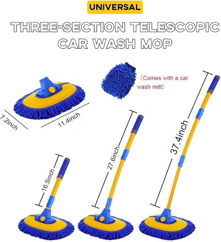 Car Wash Brush Kit, 40" Auto Wash Mop with 15° Curved Extendable Long Handle, Soft Scratch-Free Car Cleaning Mop Mitt to Clean Your Car Shine Like New, Car Accessories (Black+Yellow) in Kuwait