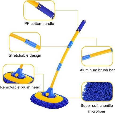 Car Wash Brush Kit, 40" Auto Wash Mop with 15° Curved Extendable Long Handle, Soft Scratch-Free Car Cleaning Mop Mitt to Clean Your Car Shine Like New, Car Accessories (Black+Yellow) in Kuwait
