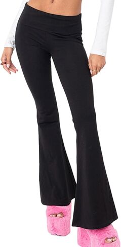 Women's Fold Over Leggings Stretch Flare Leggings Bell Bottom Slim Fit Yoga Fold Pants Joggers in Saudi Arabia