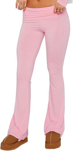 Women's Fold Over Leggings Stretch Flare Leggings Bell Bottom Slim Fit Yoga Fold Pants Joggers in Saudi Arabia