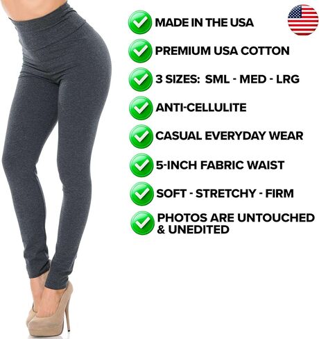 World of Leggings® Made in USA High Waisted Full Length Solid Basic Cotton Leggings in Saudi Arabia